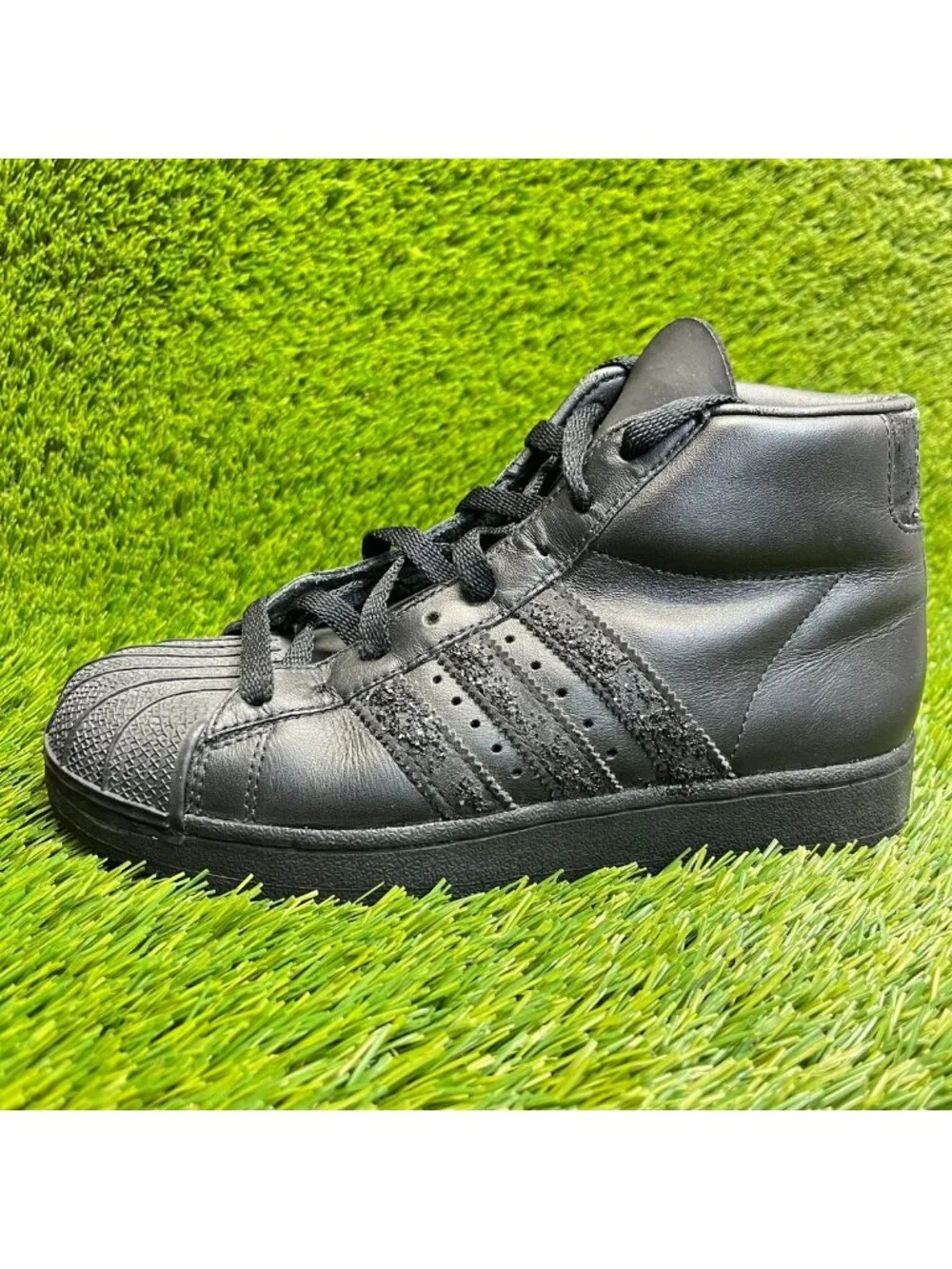 Adidas Pro Model Boys Size 5Y Triple Black Athletic Leather Shoes Sneakers